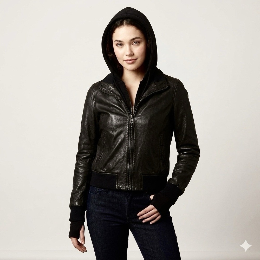 Margaret O'Leary Y2K Black Hooded Cropped Leather Bomber Jacket M Minimal Edgy